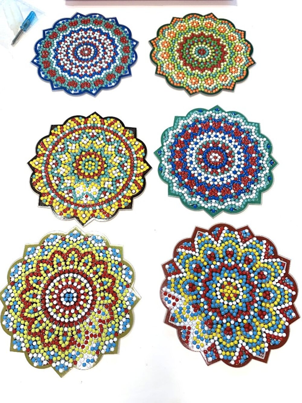 Handmade Diamond Painting Coaster Set of Six with Stand and Original Box Mandala